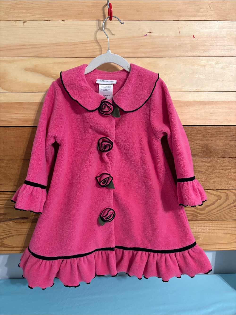 Bonnie Jean Bright Pink Ruffle Fleece Coat with Rose Buttons
